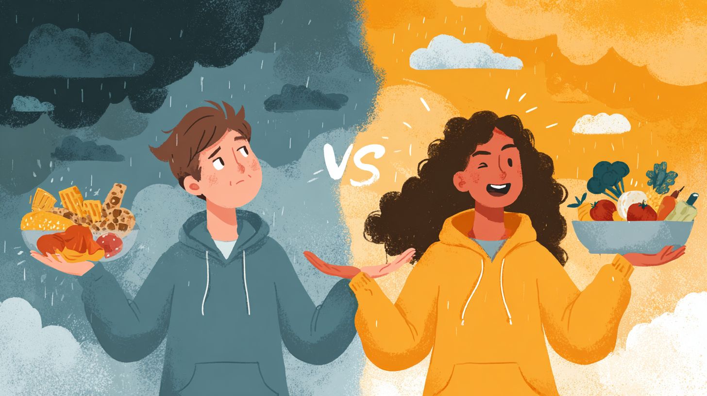 Healthy food and positive mood versus unhealthy food and low mood, illustrating the gut–brain connection.