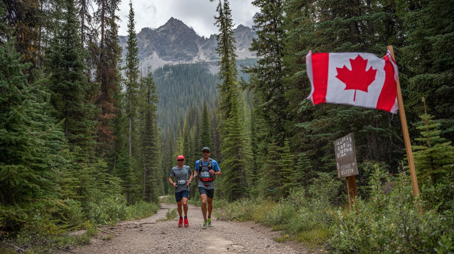 Two men jogging in a Canadian forest with a Canada flag, representing active lifestyles and modern nutrition trends in Canada in 2026