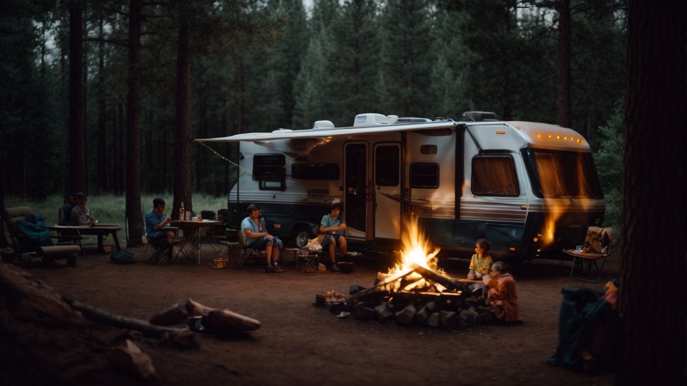 Family sitting outside an RV next to a fire. "Columbia, SC RV Camping: Budget-Friendly Tips for Families"