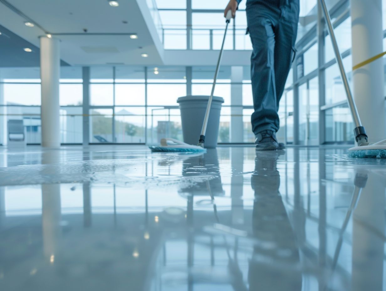 A cleaner mopping the hard floors of spacious commercial building