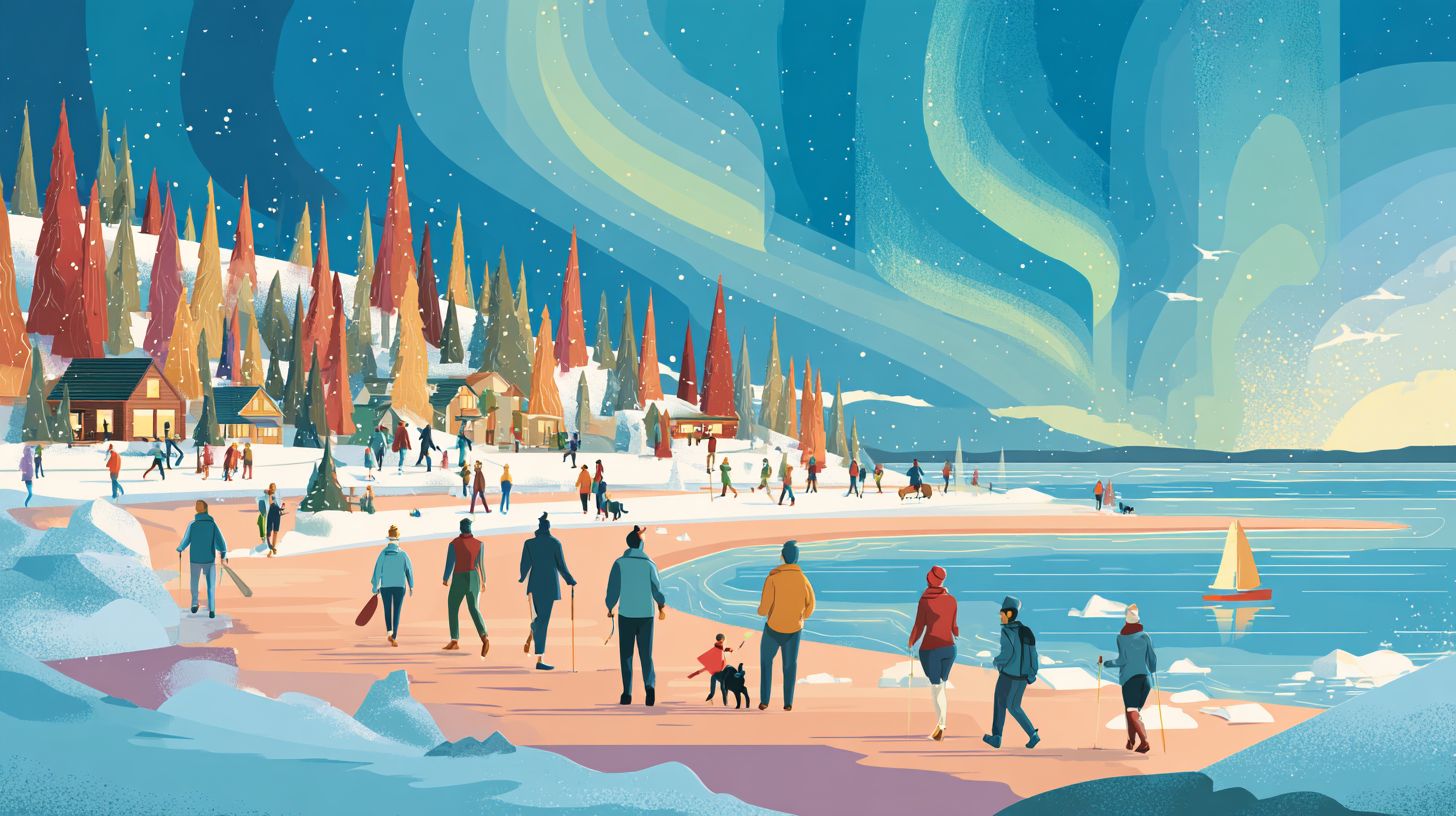People walking along the seaside in winter as part of an app-based fitness and virtual training routine in Canada