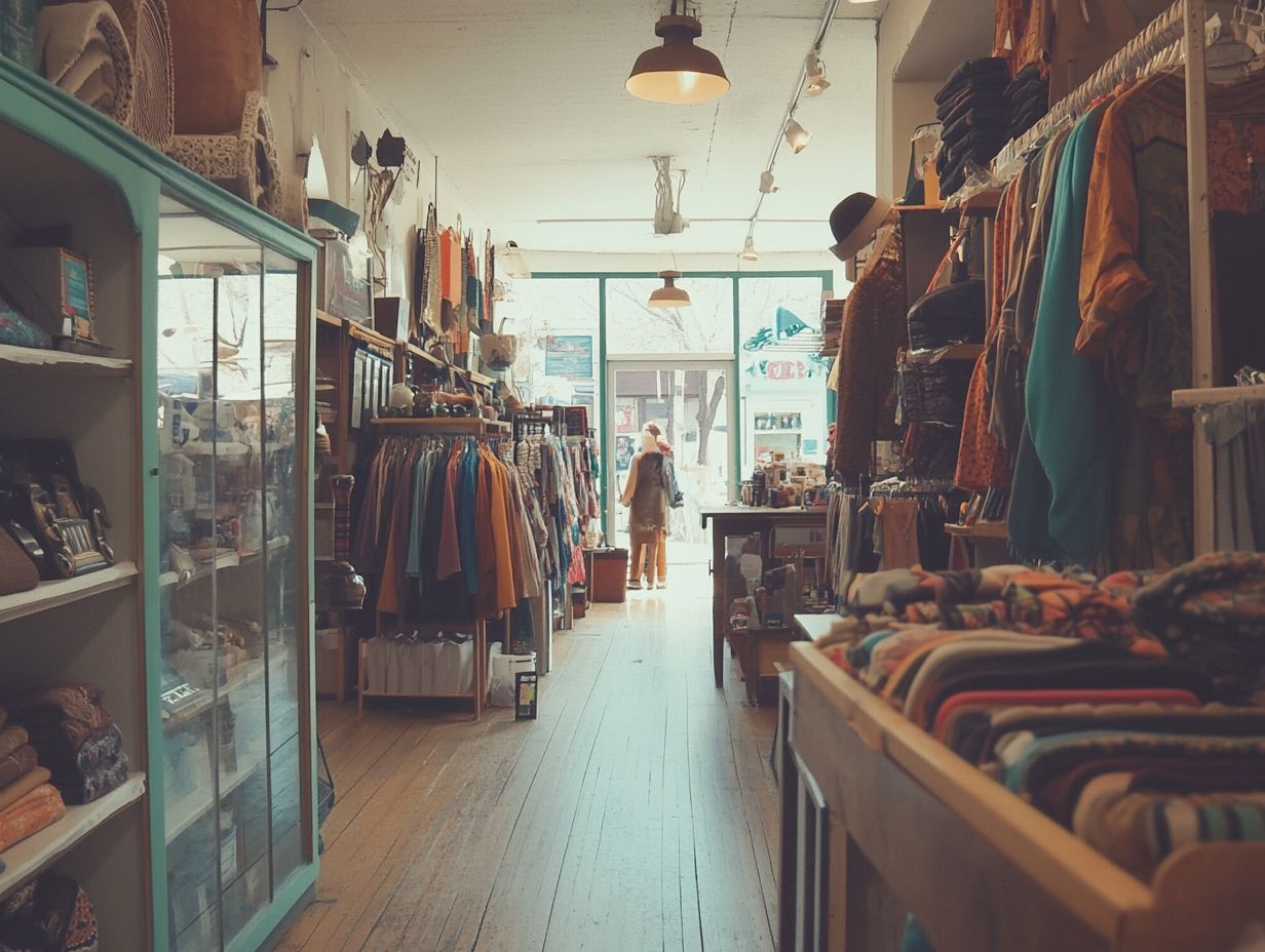 Colorful thrift store displaying diverse fashion and decor items.