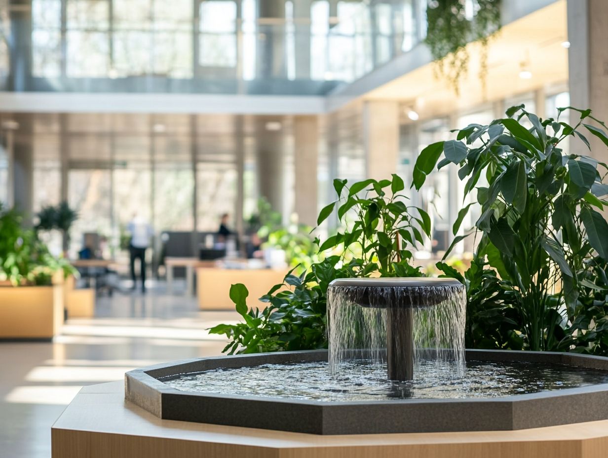 What are the benefits of having water features in office spaces for employee productivity and stress reduction?